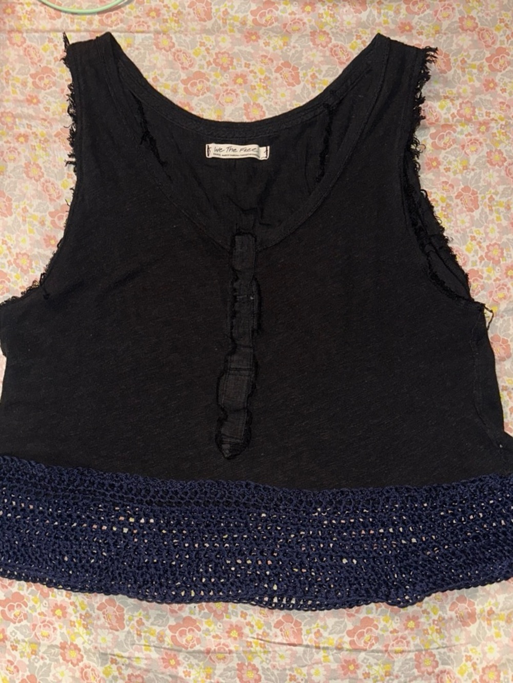 Free People Black Tank with Navy Crochet Hem